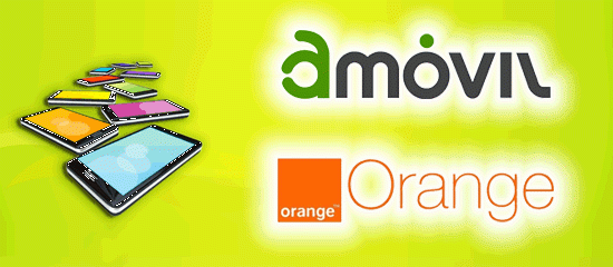Logos de Amóvil y Orange sobre fondo verde.