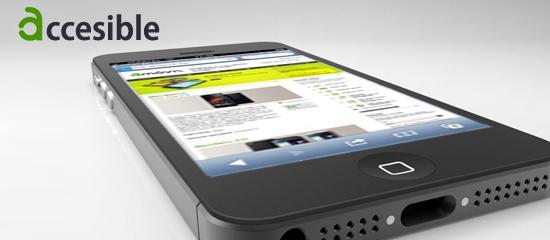 Imagen de Iphone negro sobre una superficie blanca, con un texto que dice accesible.