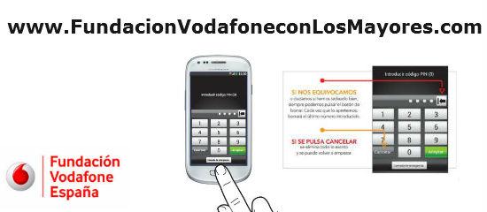 Logo de la Fundación Vodafone España con un texto que dice www.FundacionVodafoneconlosmayores.com y dos ilustraciones sobre cómo usar un móvil.